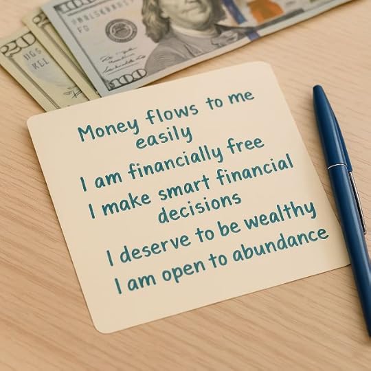 A handwritten financial freedom affirmations card placed beside soft light and coins, symbolizing subconscious alignment with wealth and abundance.
