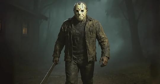 Jason Voorhees walks through a dark, foggy forest wearing a hockey mask and tattered clothing, holding a machete with a menacing stance.