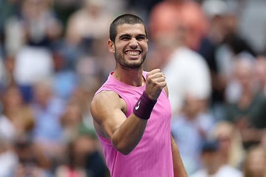 Carlos Alcaraz of Spain celebrates after defeating Novak Djokovic of Serbia during their Men's Semifinal match on Day Thirteen of the 2025 US Open at...