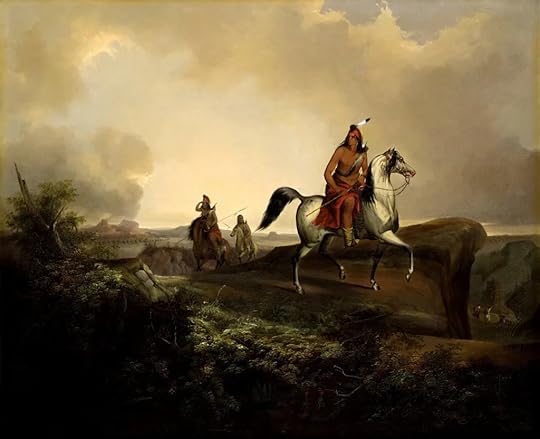 A classic painting by John Mix Stanley depicting a Native American man on a white horse, with two figures on horseback in the background.