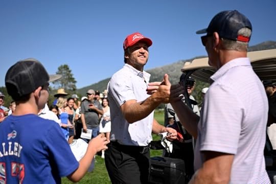 Kyle Juszczyk talks to fans after completing the 14th hole prior to the American Century Championship at Edgewood Tahoe Golf Course on July 10, 2025 in Stateline, Nevada. (Photo by Eakin Howard/Getty Images)