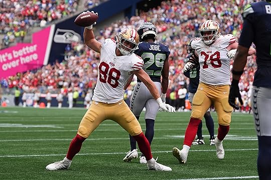 San Francisco 49ers tight end Jake Tonges (88) reacts after...