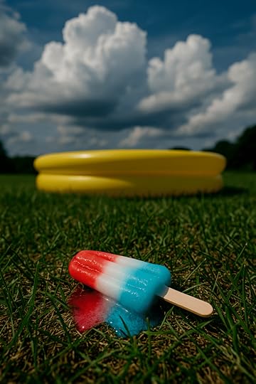A melted red, white, and blue popsicle resting on green grass, with a yellow kiddie pool blurred in the background under a cloudy sky.