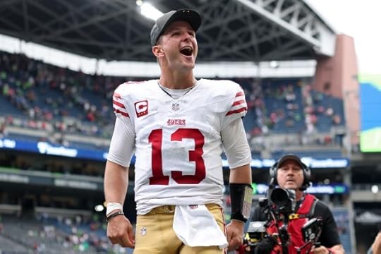 SEATTLE, WASHINGTON - SEPTEMBER 07: Brock Purdy #13 of the San Francisco 49ers celebrates after defeating the Seattle Seahawks during the game at Lumen Field on September 07, 2025 in Seattle, Washington. (Photo by Steph Chambers/Getty Images)