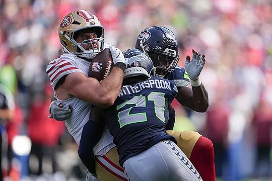 San Francisco 49ers tight end Luke Farrell (89) is tackled...