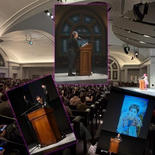 Collage of photos by Jo Sisodia/Charlie's Queer Books showing Cecilia Tan, a dark-haired author in dark glasses wearing black, at a lectern in a large church-like lecture hall full of people