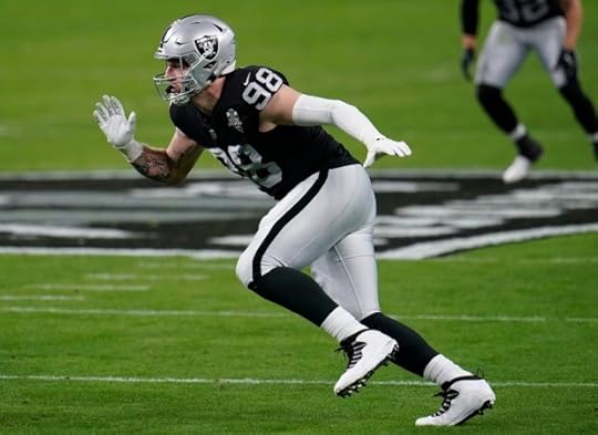 Las Vegas Raiders defensive end Maxx Crosby #98 rushes the pass during the first quarter against the Los Angeles Chargers in an NFL football game, Sunday, Dec. 13, 2020, in Las Vegas. (AP Photo/Jeff Bottari)