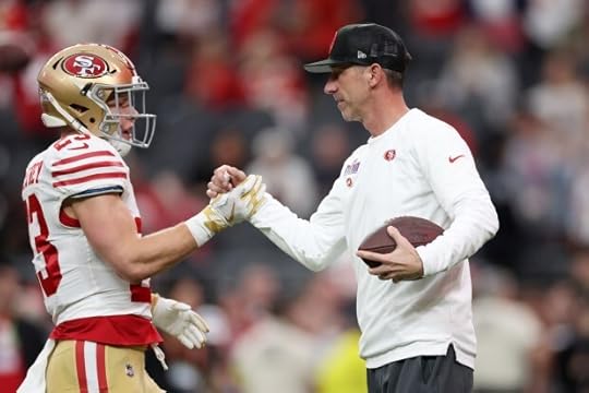 Head coach Kyle Shanahan of the San Francisco 49ers interacts with Christian McCaffrey #23 prior to Super Bowl LVIII against the Kansas City Chiefs at Allegiant Stadium on Feb. 11, 2024 in Las Vegas, Nevada. (Photo by Ezra Shaw/Getty Images)