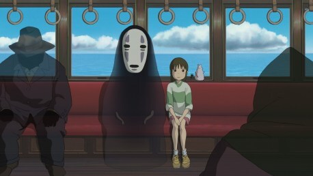 Scene from Spirited Away showing Chihiro with No-Face, representing archetypal shadow in mythic storytelling.