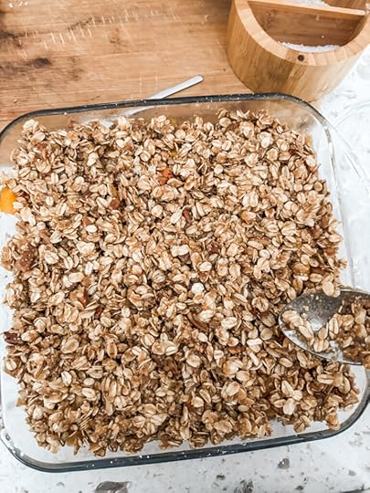 The Gluten-Free Peach Crumble Dessert fresh out of the oven before being sliced into