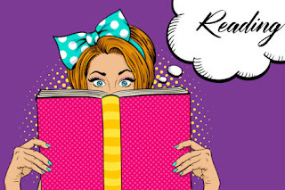 Cartoon woman holding a book. Thought bubble says "reading"