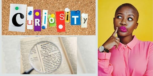 The word curiosity on a corkboard and a curious woman and a magnifying glass
