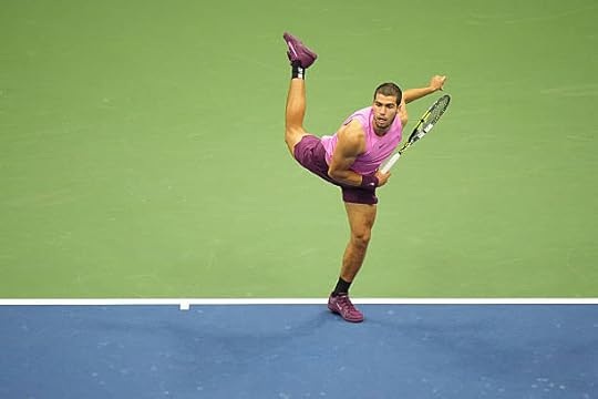 Carlos Alcaraz of Spain in action, serving vs Jannik Sinner of Italy during the Men's Singles Final match at USTA Billie Jean King National Tennis...