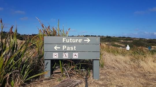 A sign in dunes with arrows pointing to future and past. You can’t undo or redo it.