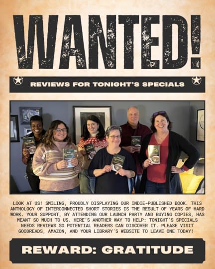 Wanted-style poster featuring 6 writers holding copies of their indie published novel & smiling 