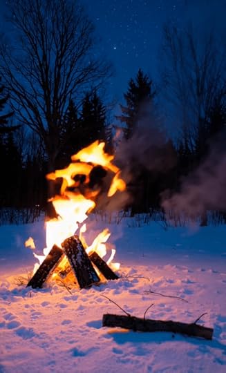 A campfire burning brightly in the snow, surrounded by dark trees under a starry night sky.
