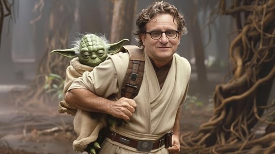 A person dressed as a Jedi carries a small green character resembling Yoda on their back, set against a forest backdrop with large trees and vines.