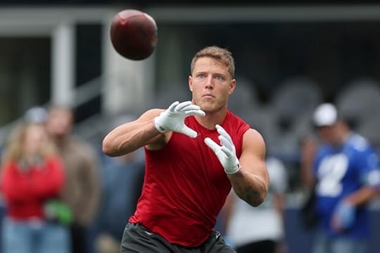 Christian McCaffrey #23 of the San Francisco 49ers warms up prior to the game against the Seattle Seahawks during the game at Lumen Field on Sept. 07, 2025 in Seattle, Washington. (Photo by Steph Chambers/Getty Images)