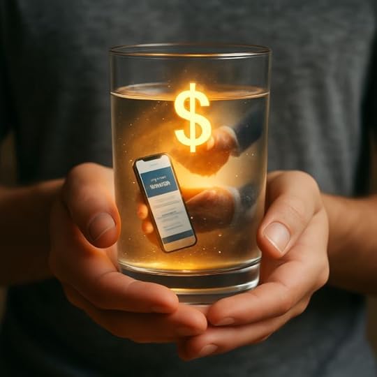 A person holding a glass of water surrounded by soft ambient light, visualizing a desired outcome symbolizing quantum jumping money with focused intention.
