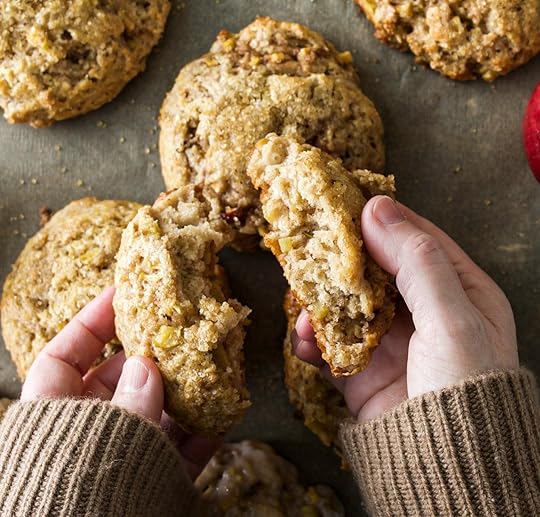 Hands pulling apart a freshly baked apple cinnamon scone to reveal its fluffy and tender interior with chunks of apple.