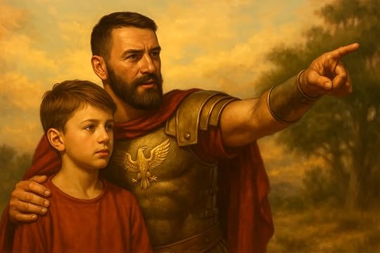 masculine ma in legionnaire clothes shows his son the way