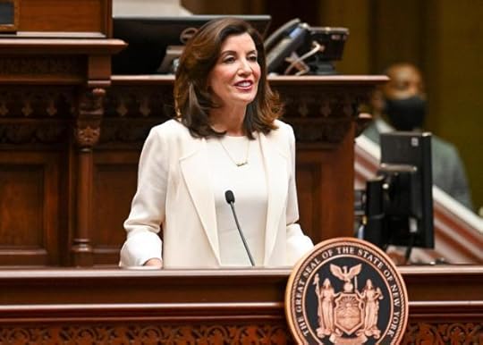 FILE - New York Gov. Kathy Hochul delivers her first State of the State address in the Assembly Chamber at the state Capitol, on Jan. 5, 2022, in Albany, N.Y. (AP Photo/Hans Pennink, Pool, File)