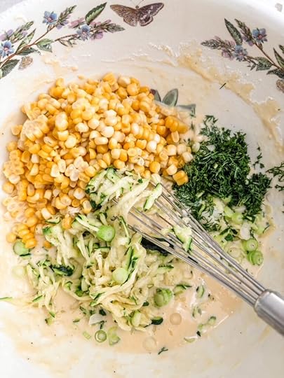 The corn, zucchini, and dill in the batter