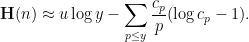 \displaystyle \mathbf{H}(n) \approx u \log y - \sum_{p \leq y} \frac{c_p}{p} (\log c_p - 1).