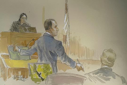 This courtroom sketch shows lead government prosecutor John Shipley speaking...