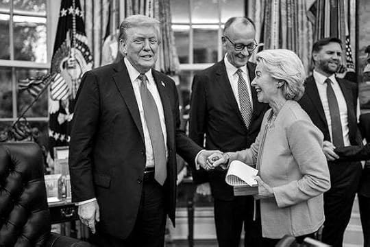 President Donald Trump shakes hands with European Commission President Ursula von der Leyen after their meeting, Monday, Aug. 18, 2025, in the Oval Office. (Official White House photo by Daniel Torok)