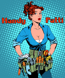 Cartoon woman in a toolbelt. Caption is "Handy Patti"