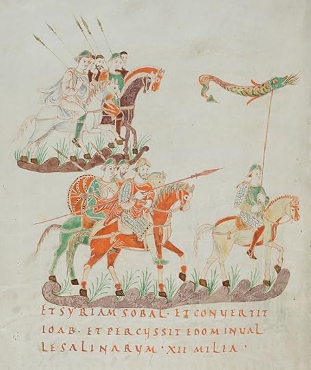 Carolingian illustration of armored, mounted soldiers riding into battle, with spears and a banner that resembles a dragon.