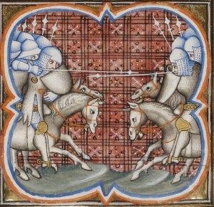 Two medieval armies, each mounted on horses, charge at each other against a patterned red backdrop.