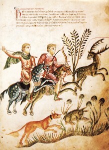 Two mounted medieval hunters, one with a spear and the other with an arrow, and a dog chase a stag and rabbit though the woods.