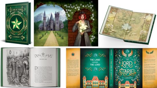 A selection of mock-ups showing different aspects of the special edition hardbacks, including the reversible dustjacket art, the foiled case, the endpaper map, and interior art.