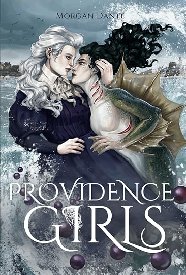 The cover for PROVIDENCE GIRLS, made by M.E. Morgan. Two women are in a seaside embrace. The woman on the left has albinism and white hair and purple eyes. Her 1930s dress has a ribbon at the collar and is purple and blue. On the right, the woman is half-transformed into a fish monster with long, black hair, green eyes, and red gills.