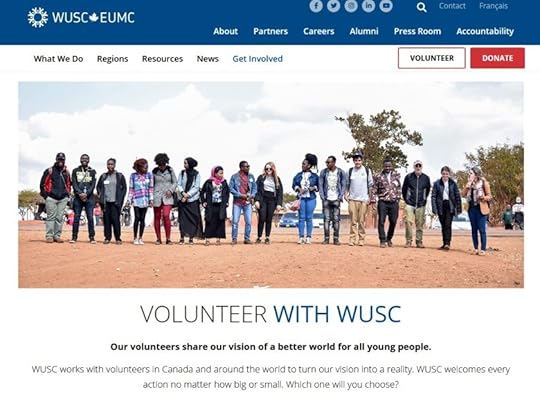 A diverse group of volunteers standing together outdoors, smiling and engaged, promoting a volunteer initiative with WUSC.