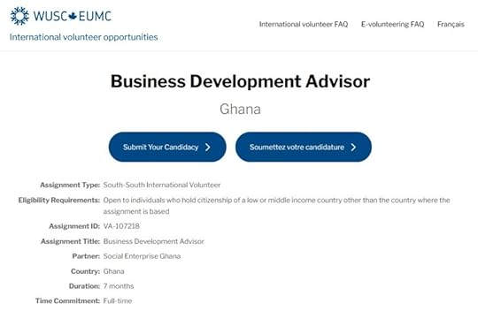 Screenshot of the WUSC volunteer opportunity page for a Business Development Advisor position in Ghana. Includes assignment details, eligibility requirements, and application buttons in English and French.