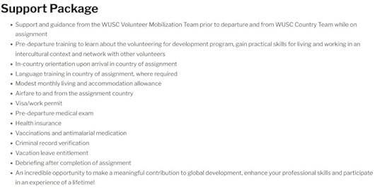 A list outlining the support package for Canadian International Volunteers with WUSC, detailing various benefits and conditions included in the program.
