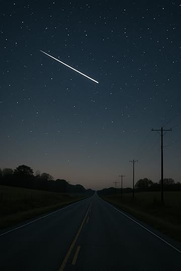 A long road stretches toward the horizon under a starry night sky, with a bright streak of light resembling a meteor crossing overhead.