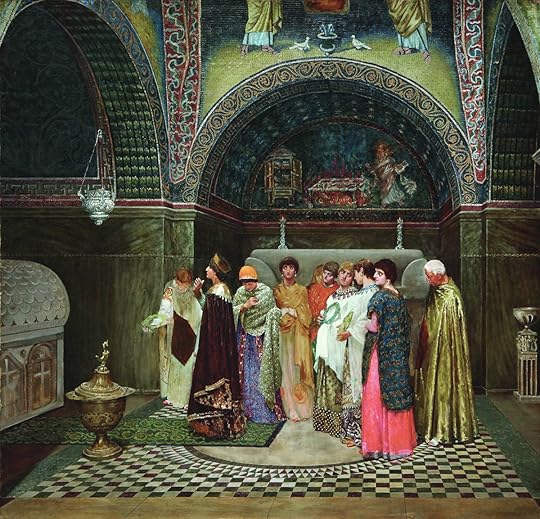 Morning entrance of Byzantine Empress to the tomb of her ancestors by Vasily Sergeyevich Smirnov. The lives of Byzantine empresses were full of courtly ceremonies and rituals.