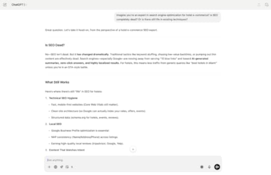 Screenshot of ChatGPT asking about new SEO techniques for hotel e-commerce