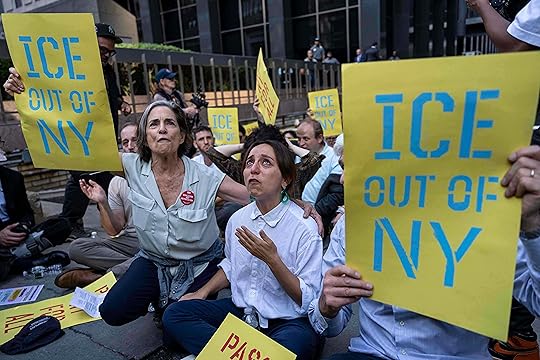 Demonstrators chant during a protest against Immigration and Customs Enforcement...