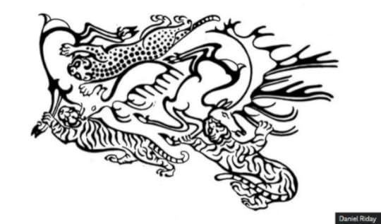 Drawing of a lineart tattoo of two tigers and a leopard killing two elks. The lines have a nice flow to them and elegant curves.
