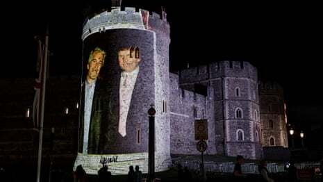 Donald Trump and Jeffrey Epstein projected on to Windsor castle. 