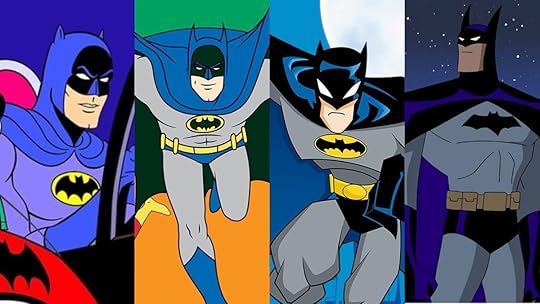 From Left to Right: Batman from The New Adventures of Batman, Super Friends, The Batman, and Justice League Unlimited.
