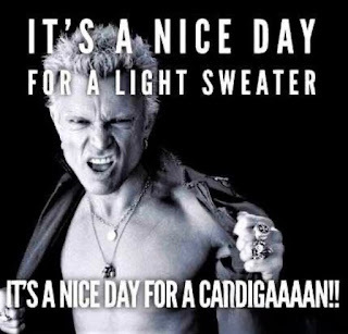 Image of Billy Idol halfway into or out of a shirt. Words say "It's a nice day for a light sweater. It's a nice day for a cardigaaaan!" in imitation of his White Wedding song.