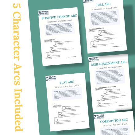 Preview of K.M. Weiland’s Character Arc Worksheets showing five beat sheets: Positive Change Arc, Flat Arc, Fall Arc, Disillusionment Arc, and Corruption Arc.