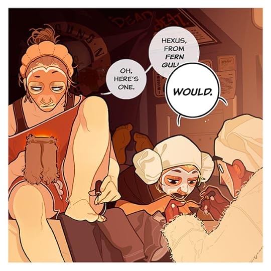 An illustration of a bedroom in low warm light. There are three college kids in lounge wear resting on, or around a bed. Ashley is on the far left, painting her toes and reading from her phone.To her left is Motley and Harrison. Motley lies on her stomach on the bed while Harrison, in a full fluffy robe and a towel twisty on his head, paints her nails.Ashley declares: 'Oh, here's one. Hexus, from FERN GULLY--'Motley and Harrison cut her off with a: 'WOULD.'