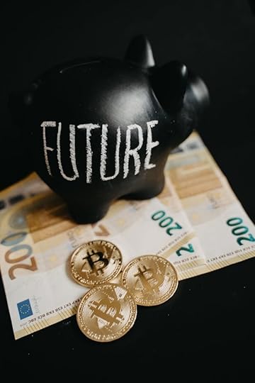 Black piggy bank labeled “Future” on euro notes with bitcoin coins, illustrating how to stop being broke by saving and investing